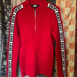 DKNY Red Pullover with Logo Stripes